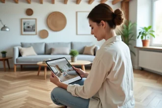 Femme utilisant une application de décoration intérieure sur tablette dans un salon au style scandinave