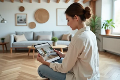 Femme utilisant une application de décoration intérieure sur tablette dans un salon au style scandinave