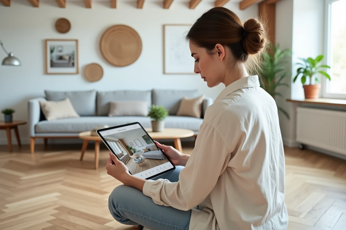 Femme utilisant une application de décoration intérieure sur tablette dans un salon au style scandinave