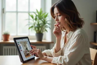 Femme utilisant une application IA de décoration intérieure sur tablette dans un bureau moderne à domicile