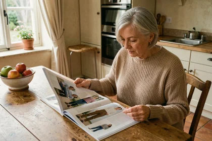 Femme feuilletant un catalogue Blancheporte à la table de sa cuisine rustique