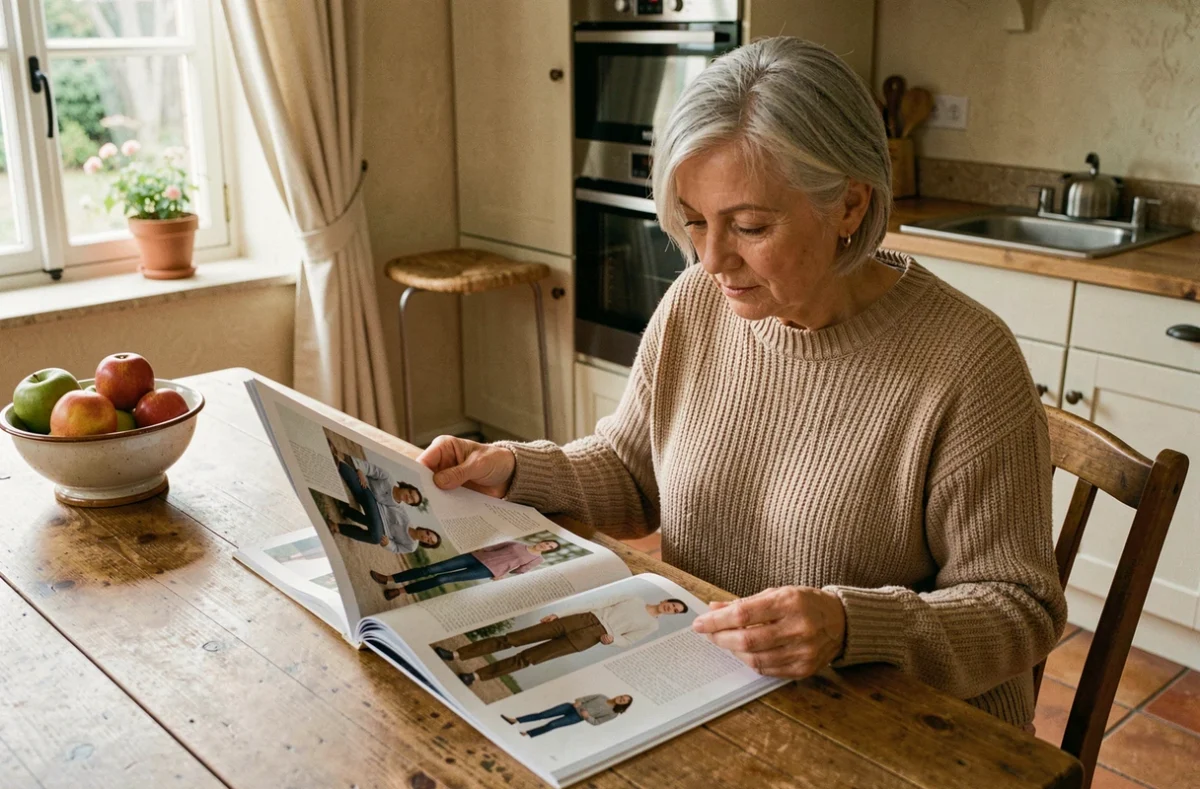 Femme feuilletant un catalogue Blancheporte à la table de sa cuisine rustique