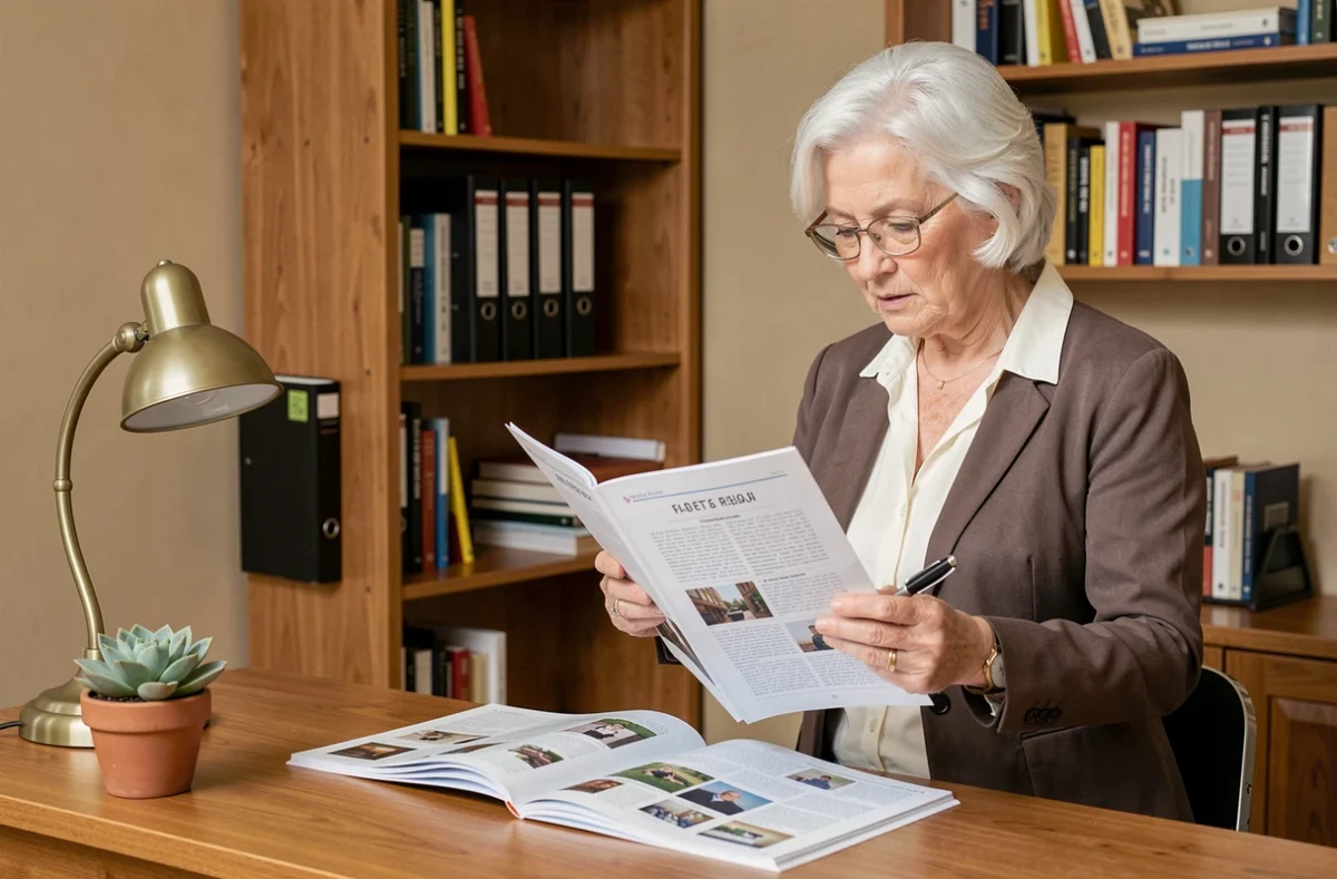 Femme âgée comparant des offres dans un catalogue par correspondance dans un bureau à domicile