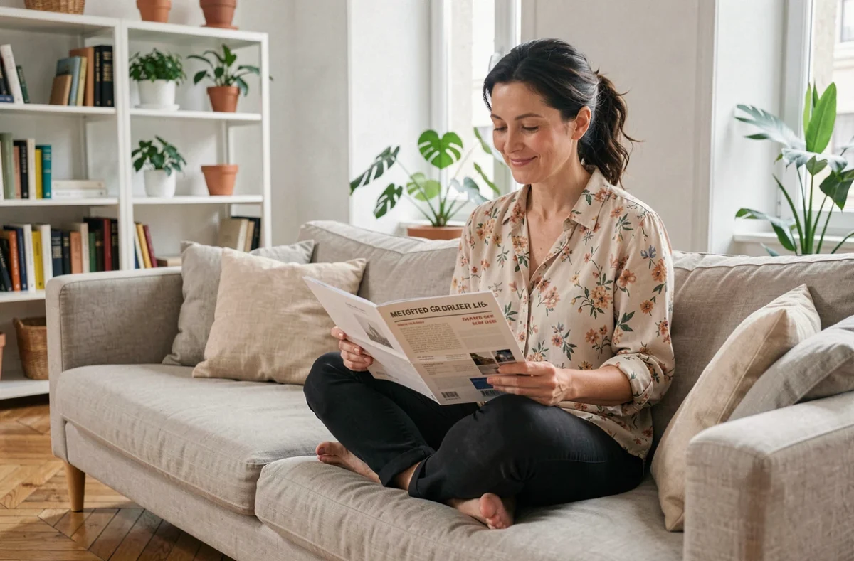Femme consultant un catalogue mode sur son canapé dans un salon moderne