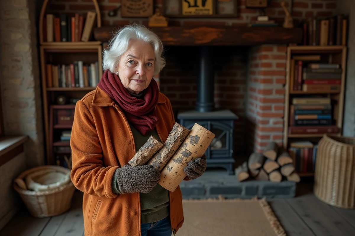 Femme tenant du bois de chauffage suspect à la cheminée