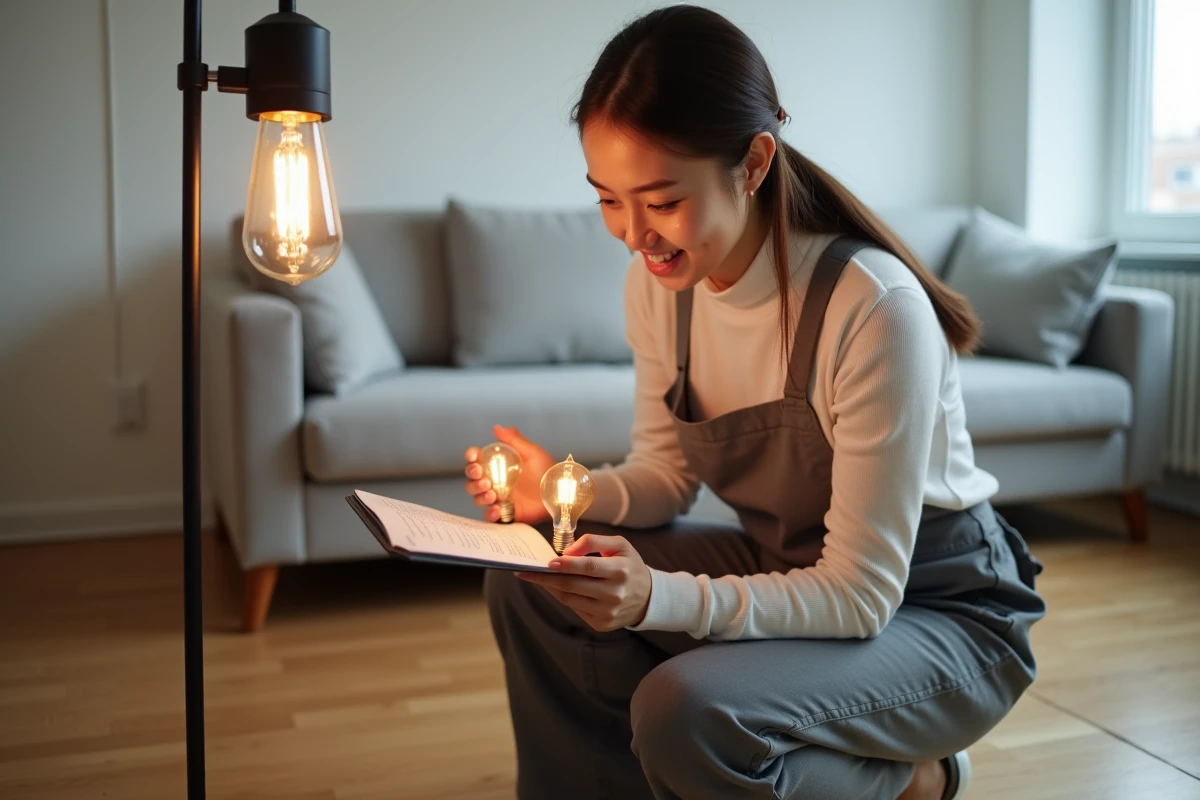 Femme comparant deux petites ampoules devant un lampadaire design dans un salon moderne
