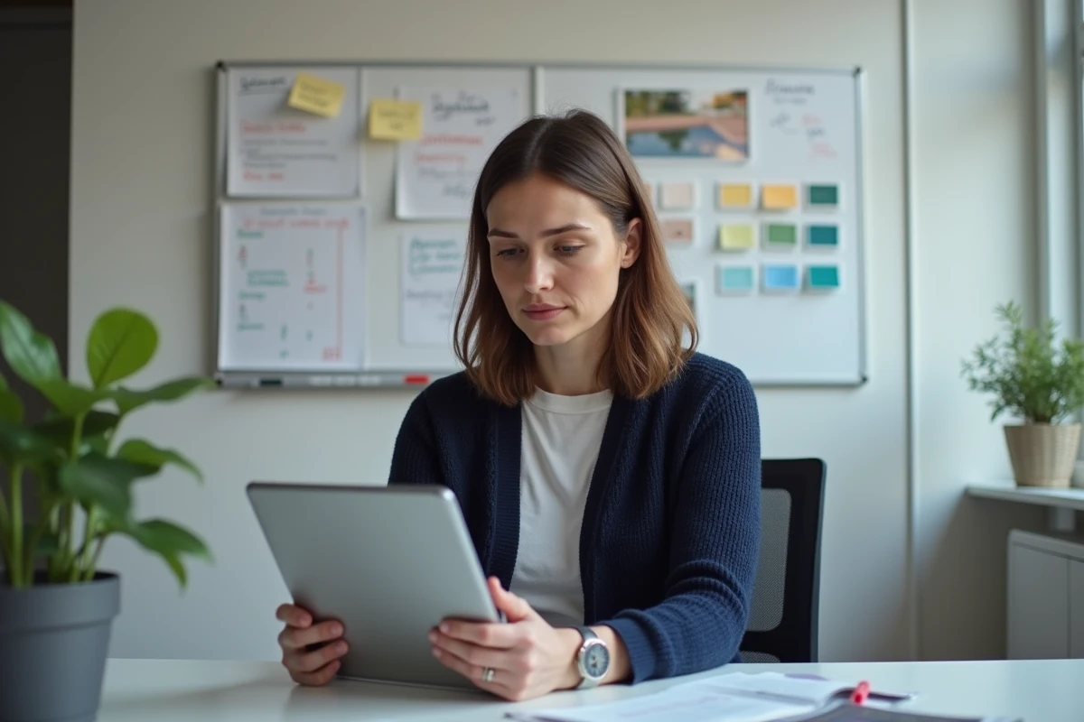 Une femme belge dans un bureau à domicile compare des plateformes de devis pour travaux de rénovation sur une tablette numérique