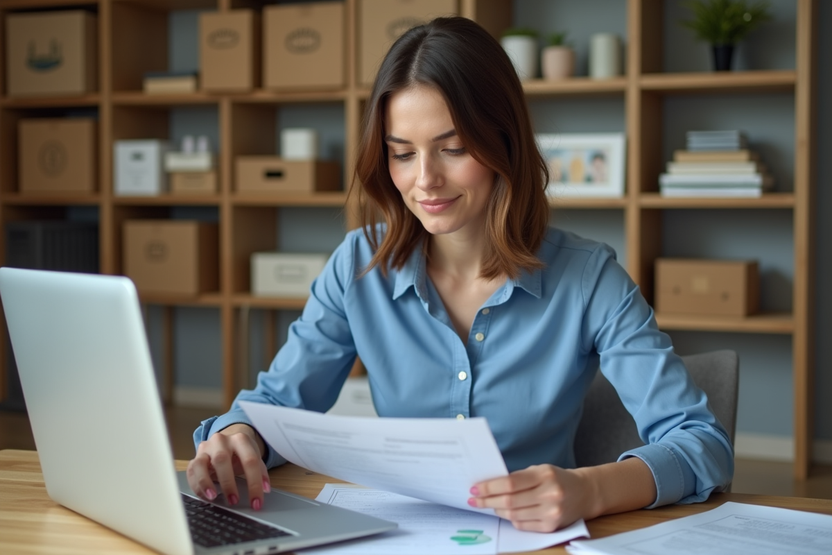 Femme au bureau remplissant des documents de relocation