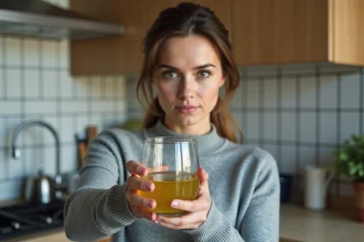 Femme dans la cuisine tenant un verre d'eau jaunie
