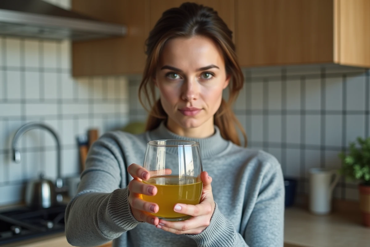 Femme dans la cuisine tenant un verre d'eau jaunie