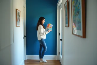 Femme étudie des échantillons de couleur sur un mur bleu profond