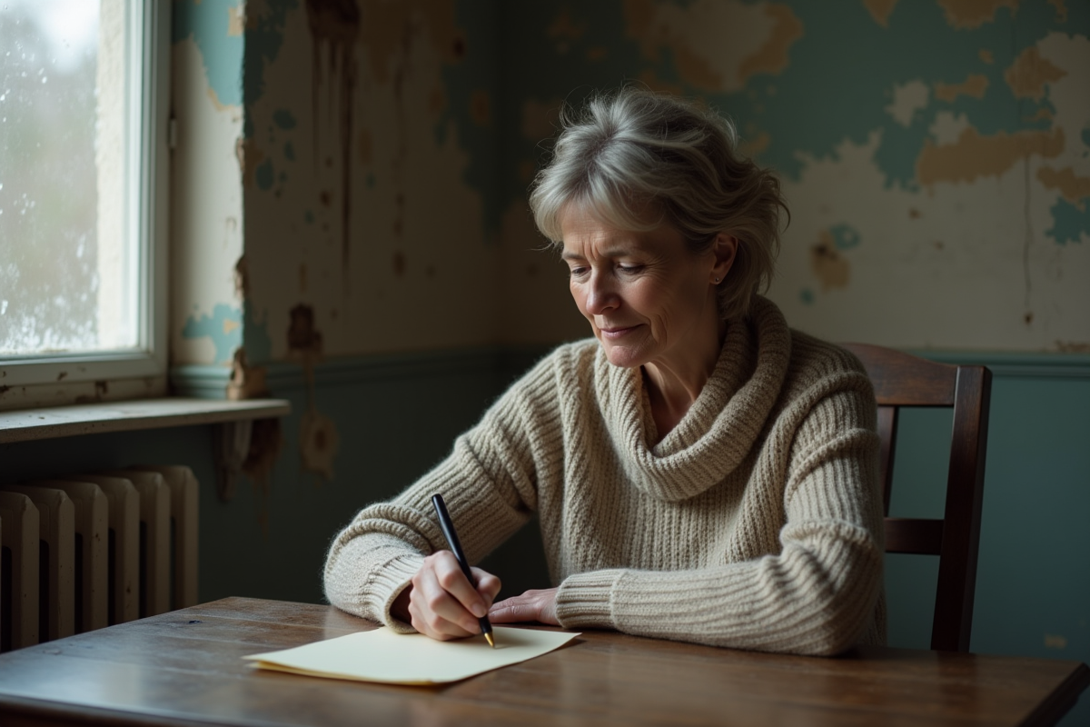 Femme écrivant une lettre dans une cuisine ancienne