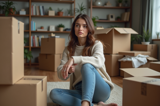 Jeune femme contemplative dans un appartement en transition