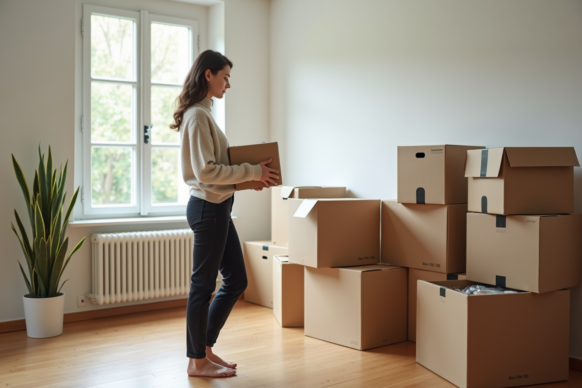 Jeune femme dans un appartement vide avec cartons ouverts