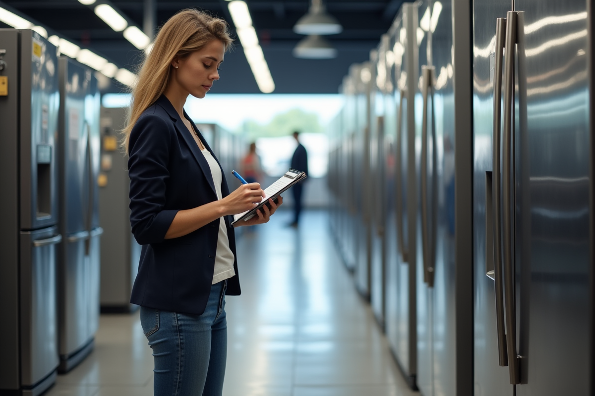 Jeune femme inspectant des réfrigérateurs en magasin