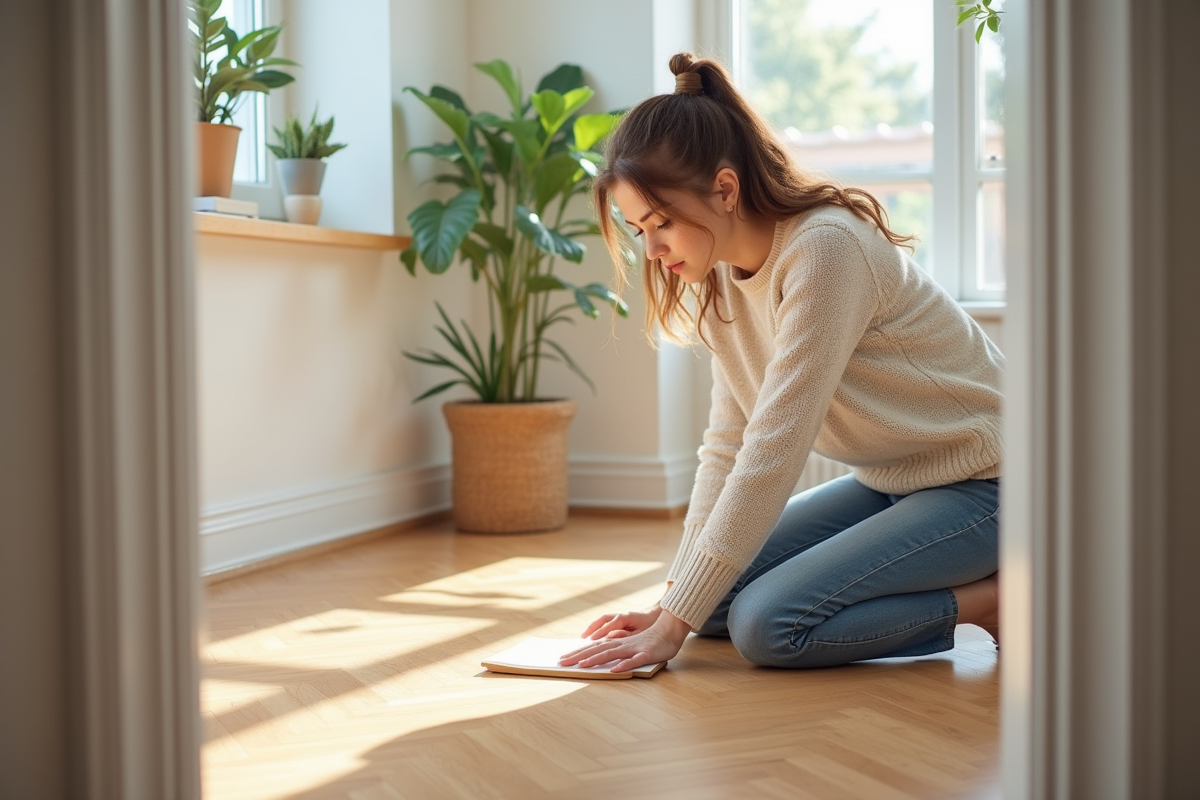 Jeune femme inspectant un échantillon de parquet