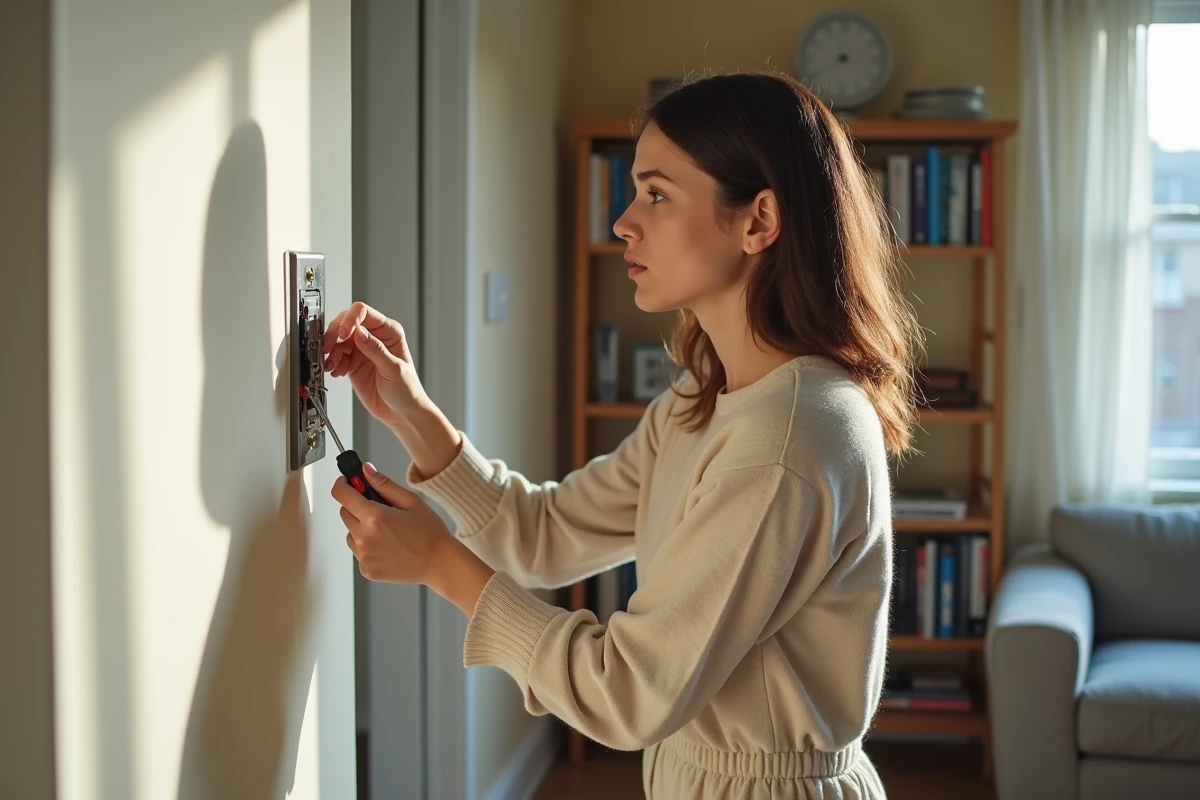Jeune femme v&eacute;rifiant des fils &eacute;lectriques derri&egrave;re un interrupteur