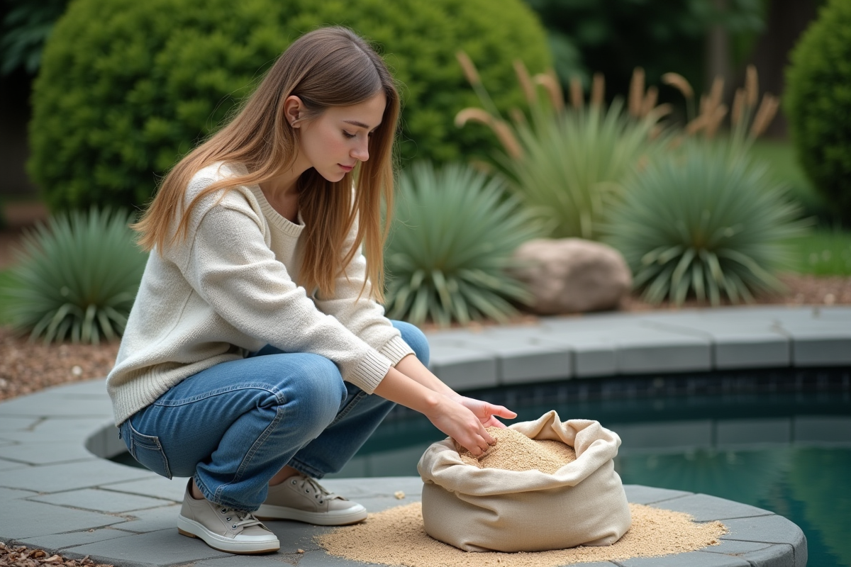 Jeune femme examine des filtres à sable dans le jardin