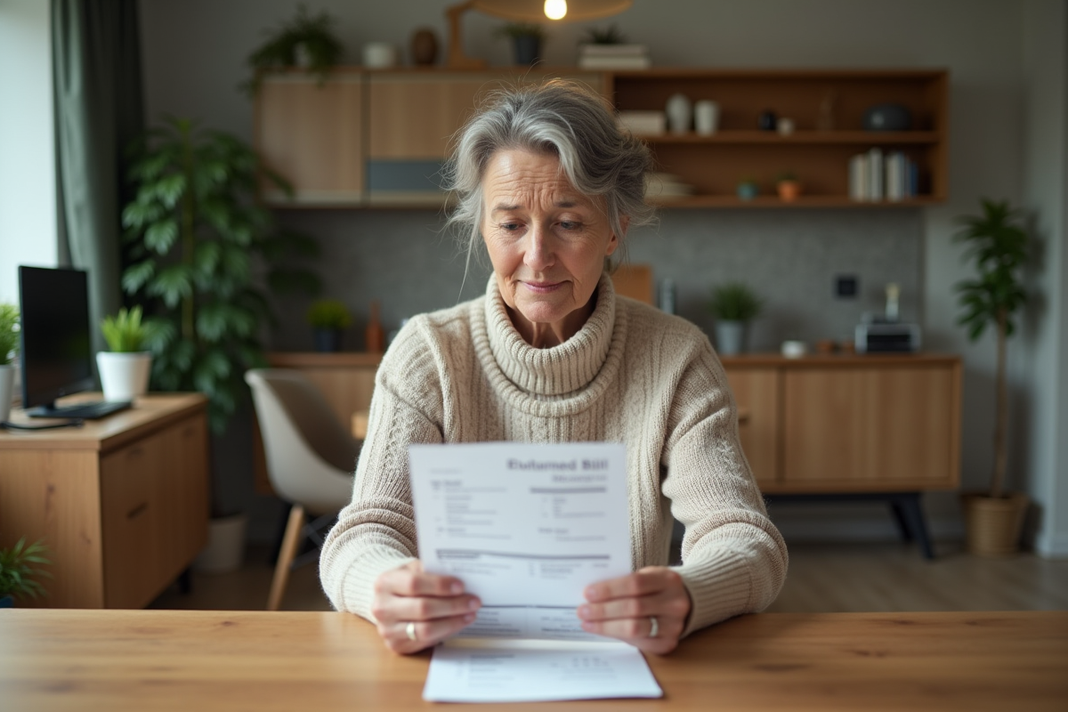 Femme regardant sa facture d'électricité à la maison