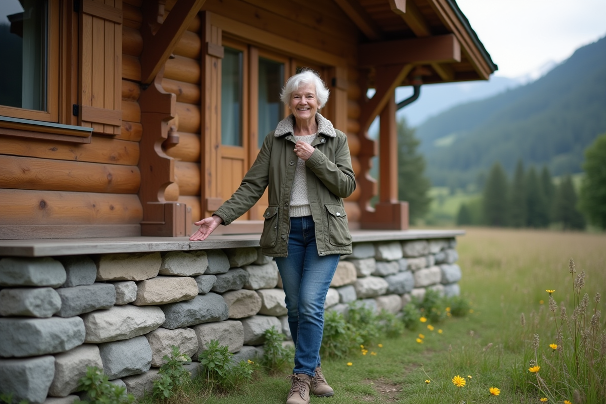 Femme souriante sur la base en pierre du chalet en montagne