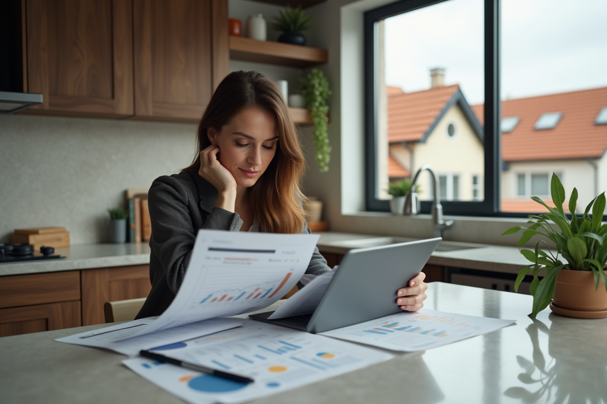 Femme analysant des documents financiers sur la cuisine