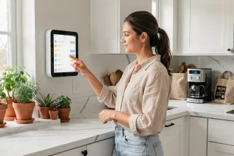 Femme utilisant une application de gestion du quotidien sur un tableau de bord connecté dans une cuisine moderne