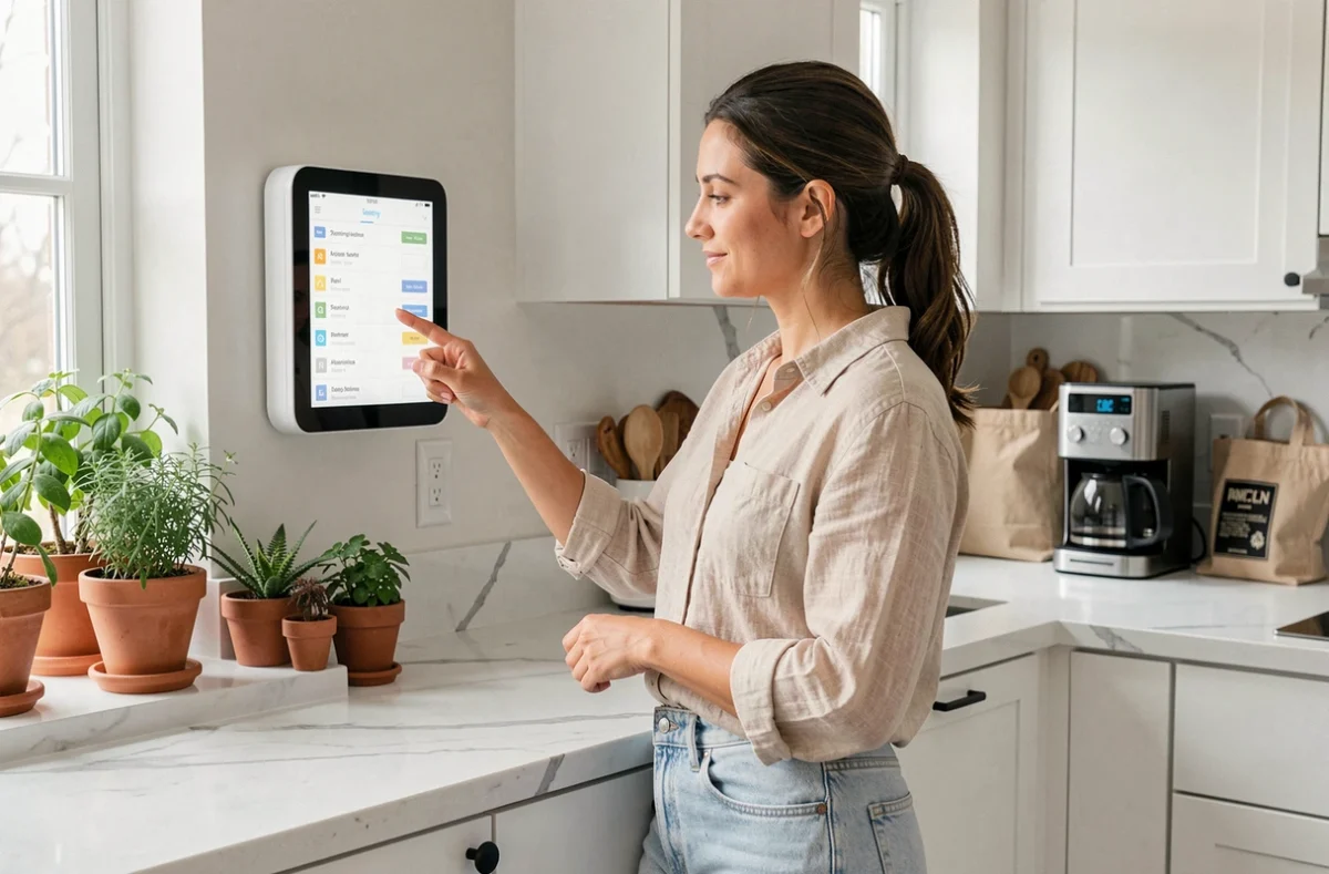 Femme utilisant une application de gestion du quotidien sur un tableau de bord connecté dans une cuisine moderne