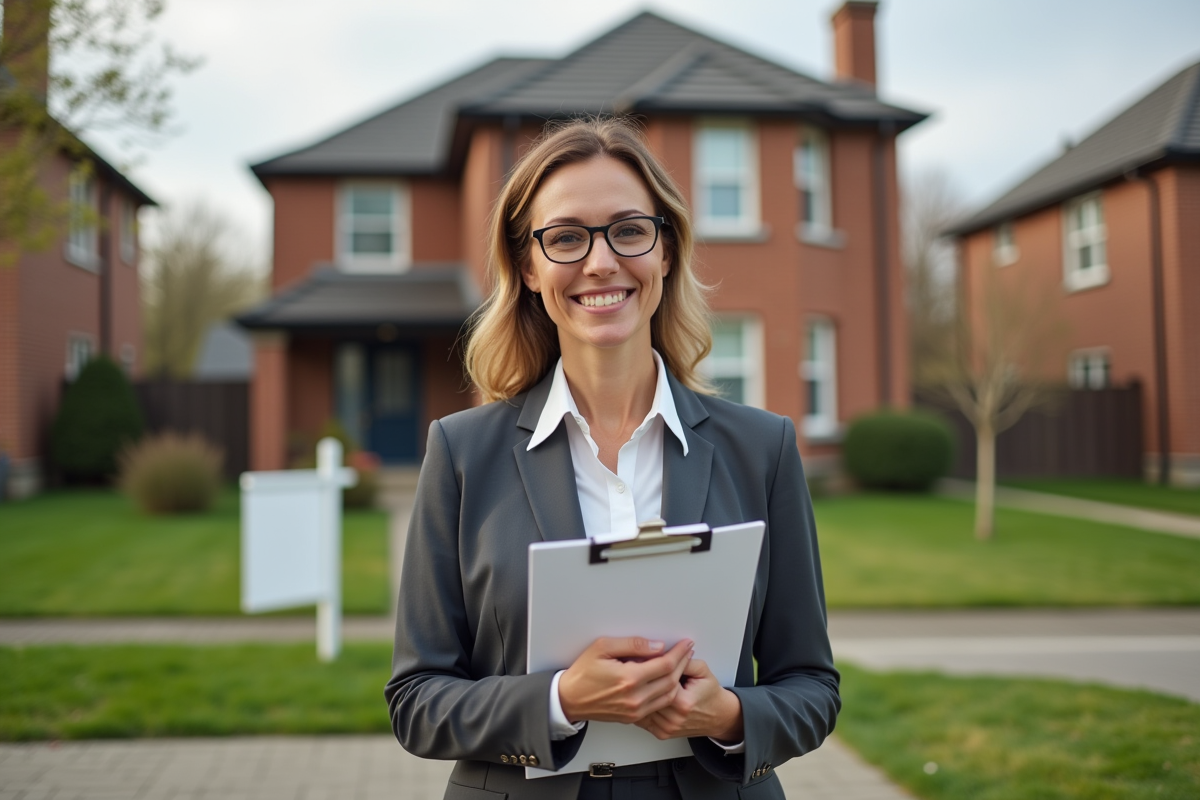 Femme souriante tenant un dossier devant une maison en vente