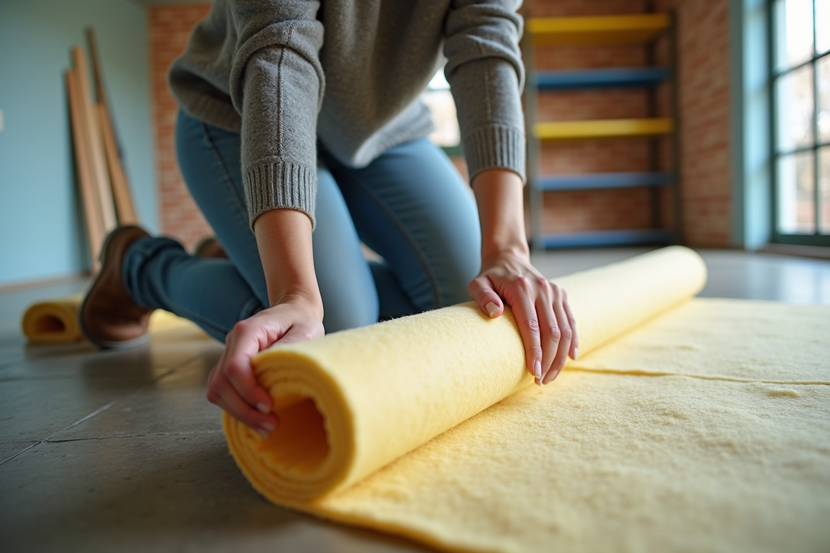 Jeune femme posant de la laine de verre dans un sous-sol