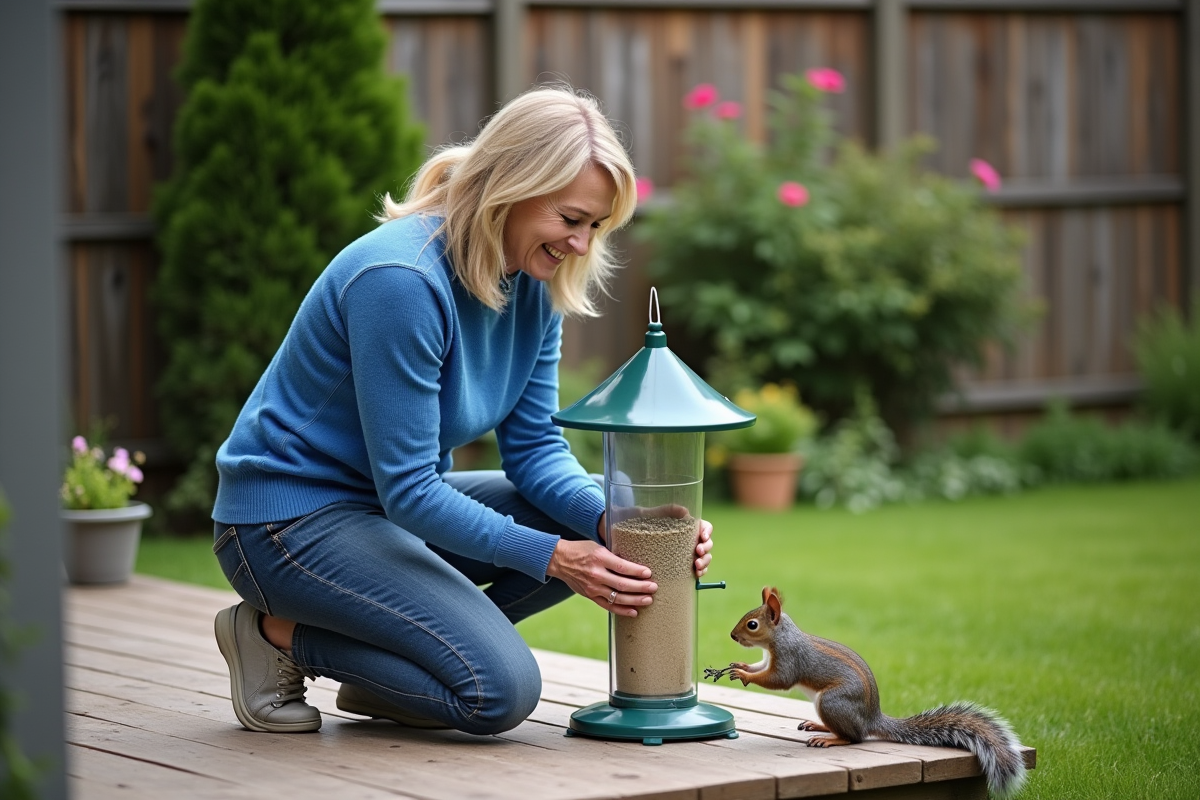 Femme appliquant repelent aux écureuils dans le jardin