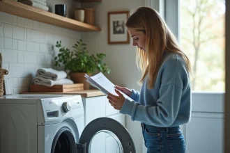 Jeune femme chargeant la machine à laver dans une buanderie moderne