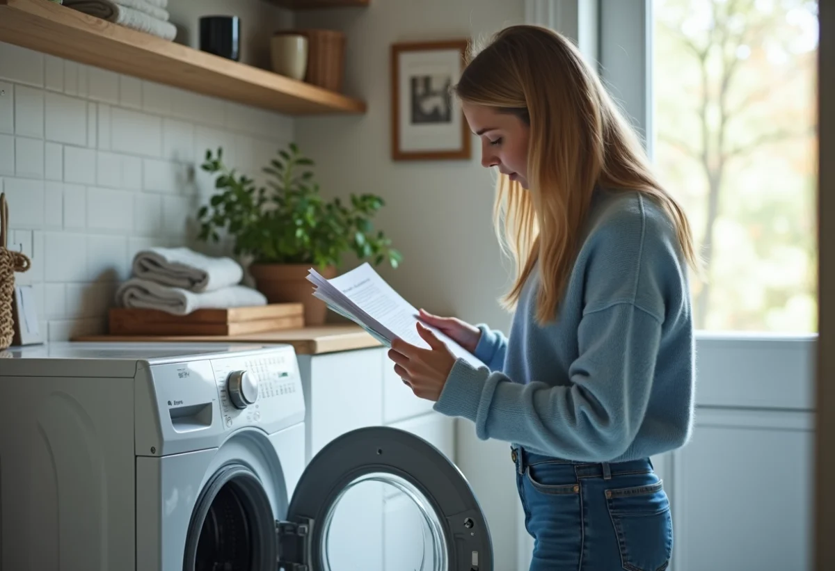 Jeune femme chargeant la machine à laver dans une buanderie moderne