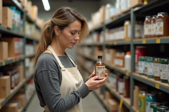 Femme lisant attentivement l'étiquette d'une bouteille d'huile de lin dans un magasin de bricolage pour repérer les solvants cachés