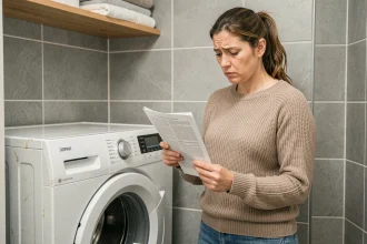 Femme lisant le manuel d'un lave-linge Valberg avant l'achat pour éviter les erreurs courantes