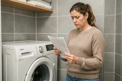 Femme lisant le manuel d'un lave-linge Valberg avant l'achat pour éviter les erreurs courantes