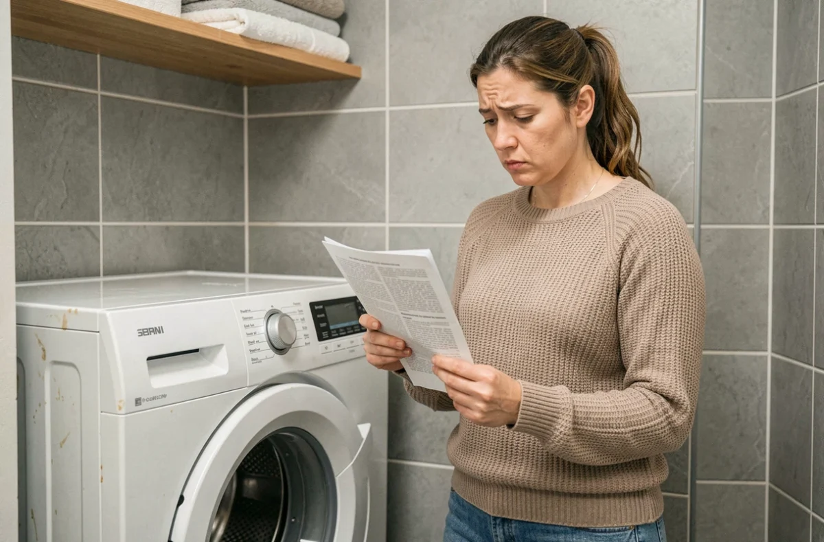 Femme lisant le manuel d'un lave-linge Valberg avant l'achat pour éviter les erreurs courantes