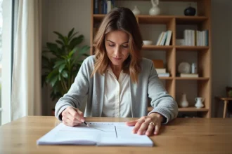 Femme lisant un rapport d'évaluation énergétique à la maison, interprétant les résultats d'un audit HabitatFuturVert