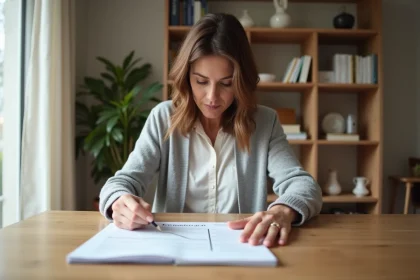 Femme lisant un rapport d'évaluation énergétique à la maison, interprétant les résultats d'un audit HabitatFuturVert