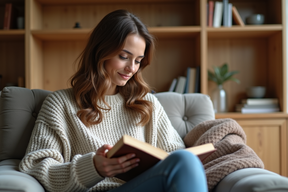 Femme lisant un livre dans un salon scandinave chaleureux