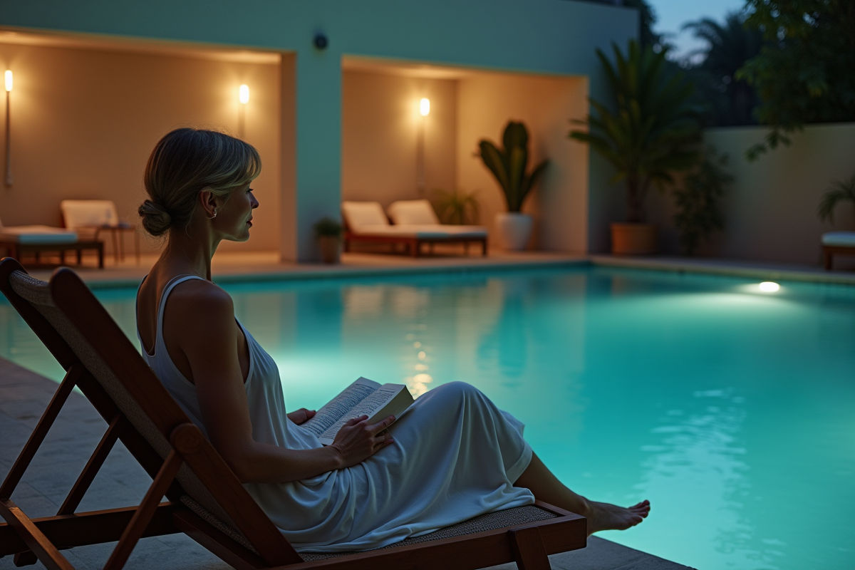 Femme détendue assise près de la piscine intérieure