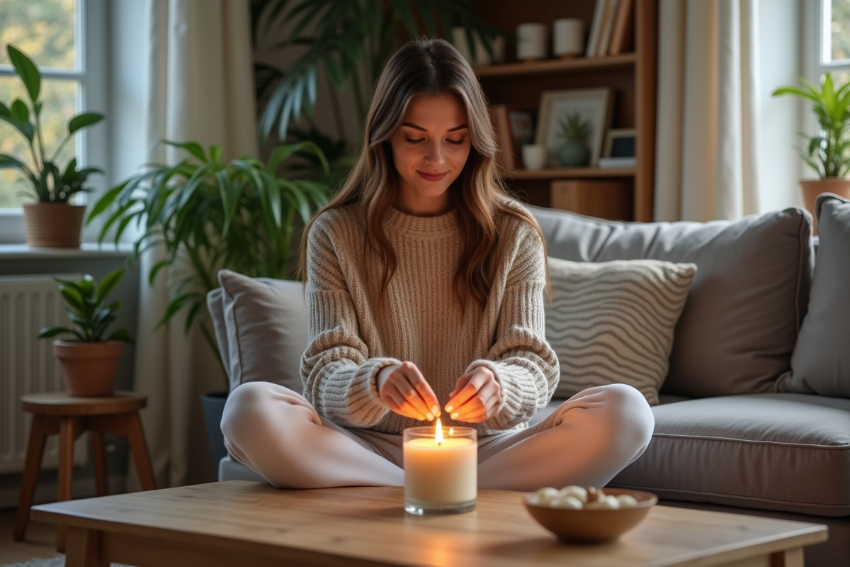 Jeune femme allumant une bougie naturelle dans un salon cosy