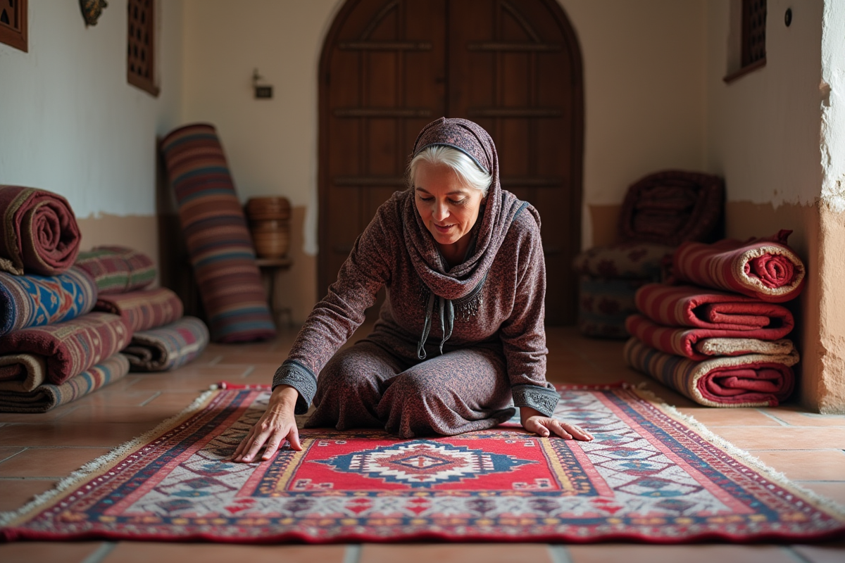 Femme marocaine en tissu traditionnel sur tapis dans un riad