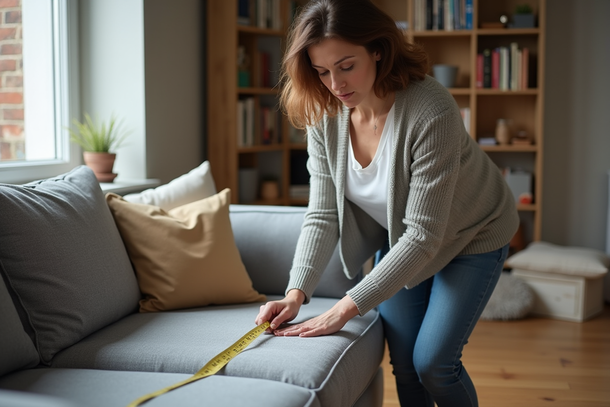 Femme mesurant un canapé gris en tissu dans un salon cosy