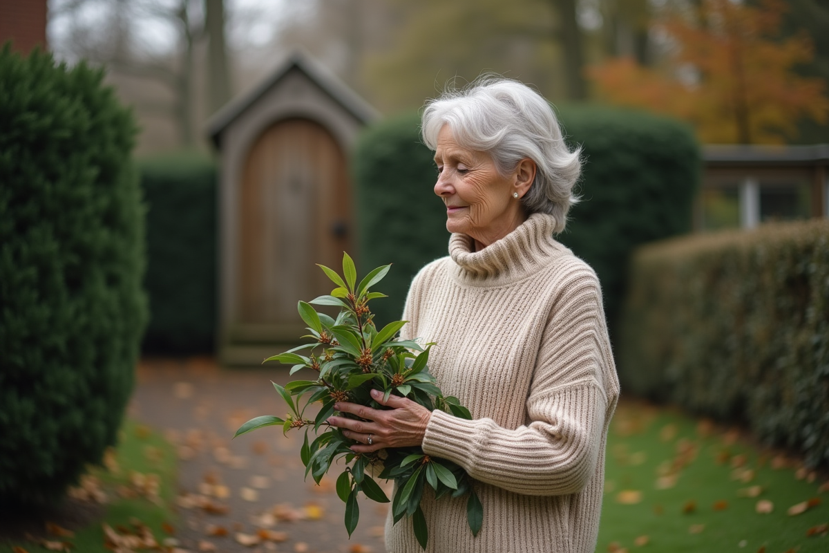 Femme tenant du mistletoe dans un jardin automnal