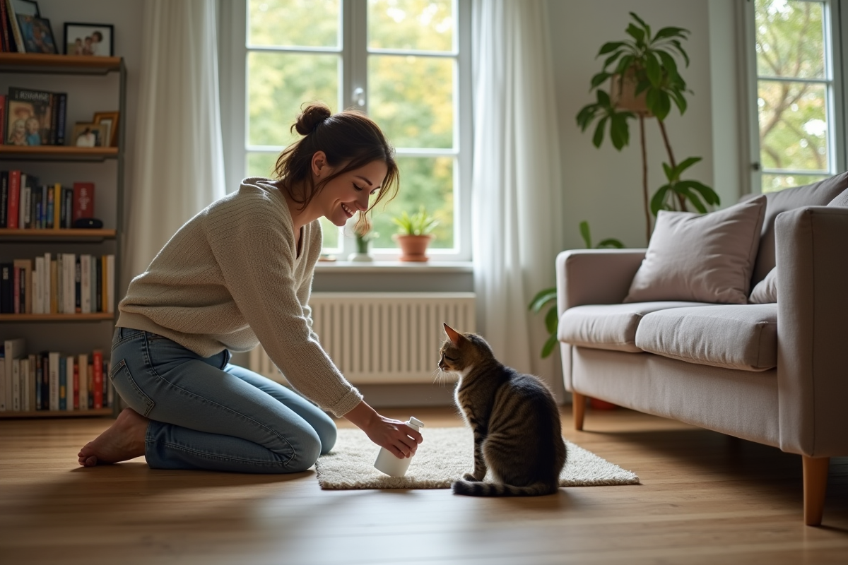 Femme nettoyant un tapis dans un salon cosy avec un chat