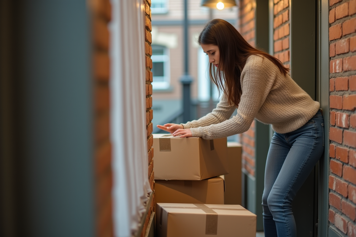 Jeune femme arrangeant des cartons dans le couloir d un immeuble