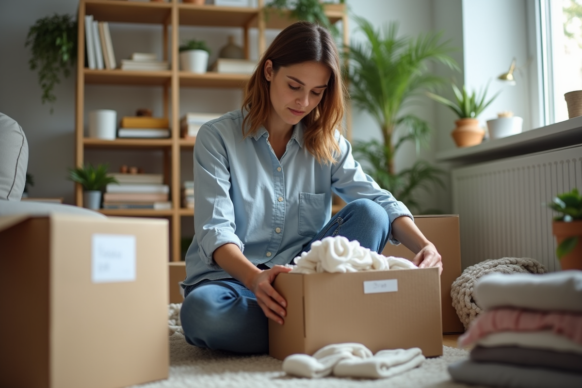 Femme triant des objets dans des boîtes dans un salon organisé