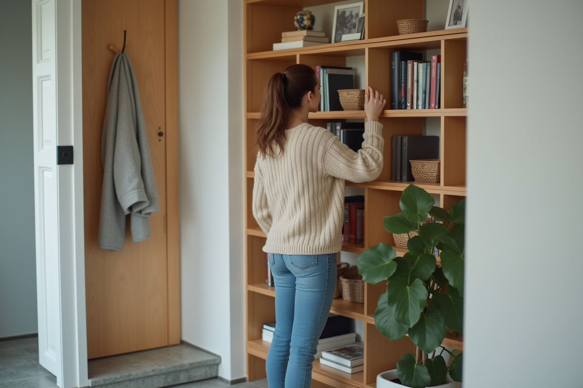 Femme arrangeant des livres dans une étagère moderne