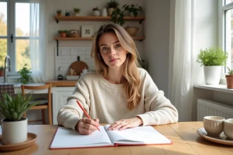 Femme remplissant un planner hebdomadaire dans une cuisine lumineuse