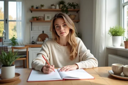 Femme remplissant un planner hebdomadaire dans une cuisine lumineuse